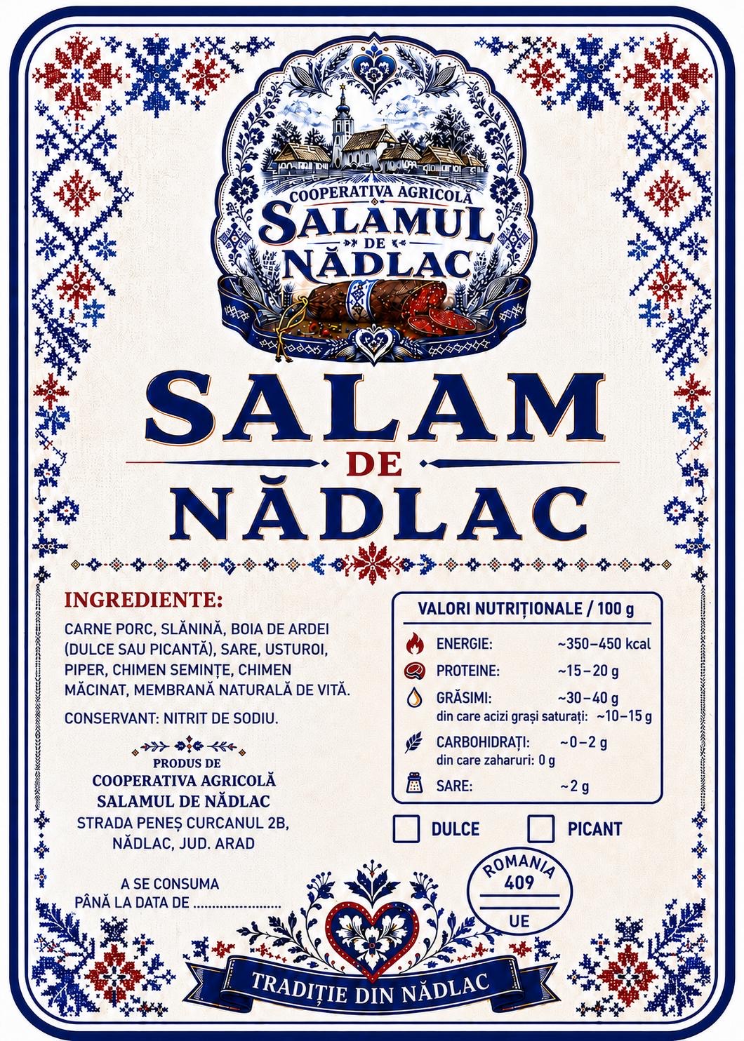 Eticheta oficială Salam de Nădlac, cu broderie slovacă