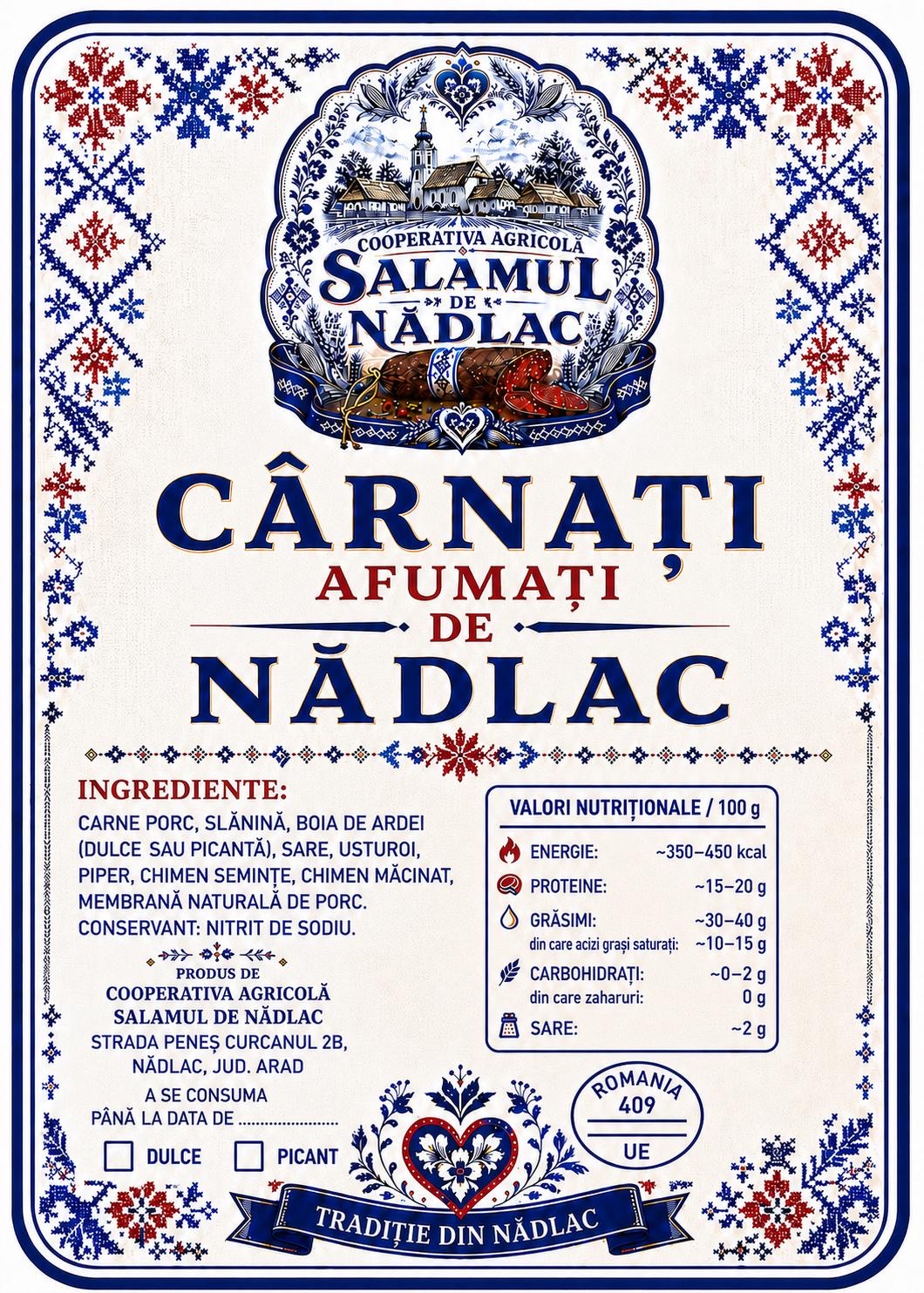 Eticheta oficială Cârnați afumați de Nădlac, cu broderie slovacă